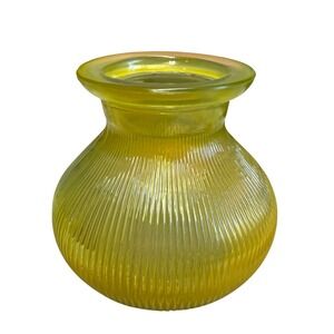 Vintage Yellow Flash Ribbed Squat Glass Vase Mid Century